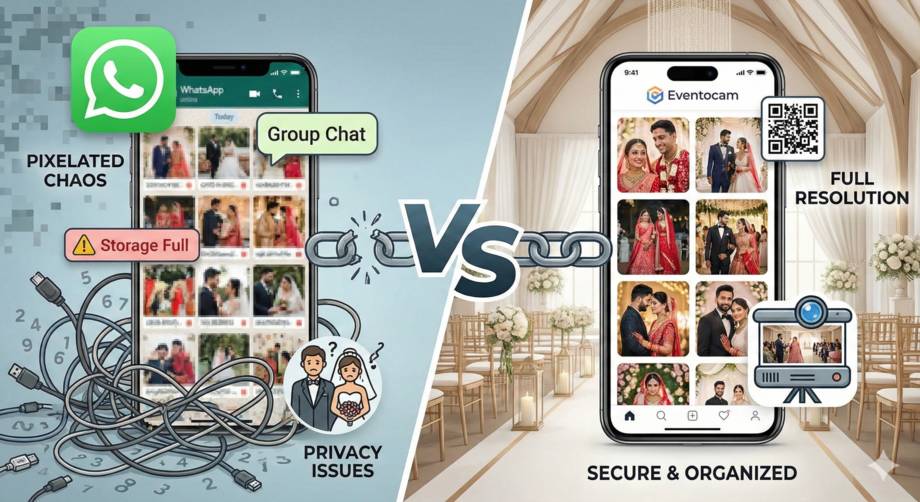 Infografía comparativa titulada 'VS' que muestra a la izquierda un smartphone con la aplicación de WhatsApp, fotos pixeladas, un chat de grupo desordenado, y mensajes de 'Pixelated Chaos' y 'Privacy Issues'. A la derecha, un smartphone con la aplicación de Eventocam, fotos de boda de alta resolución, un código QR y un proyector, bajo los textos 'Full Resolution' y 'Secure & Organized', ilustrando las ventajas de Eventocam sobre WhatsApp para compartir fotos de boda.