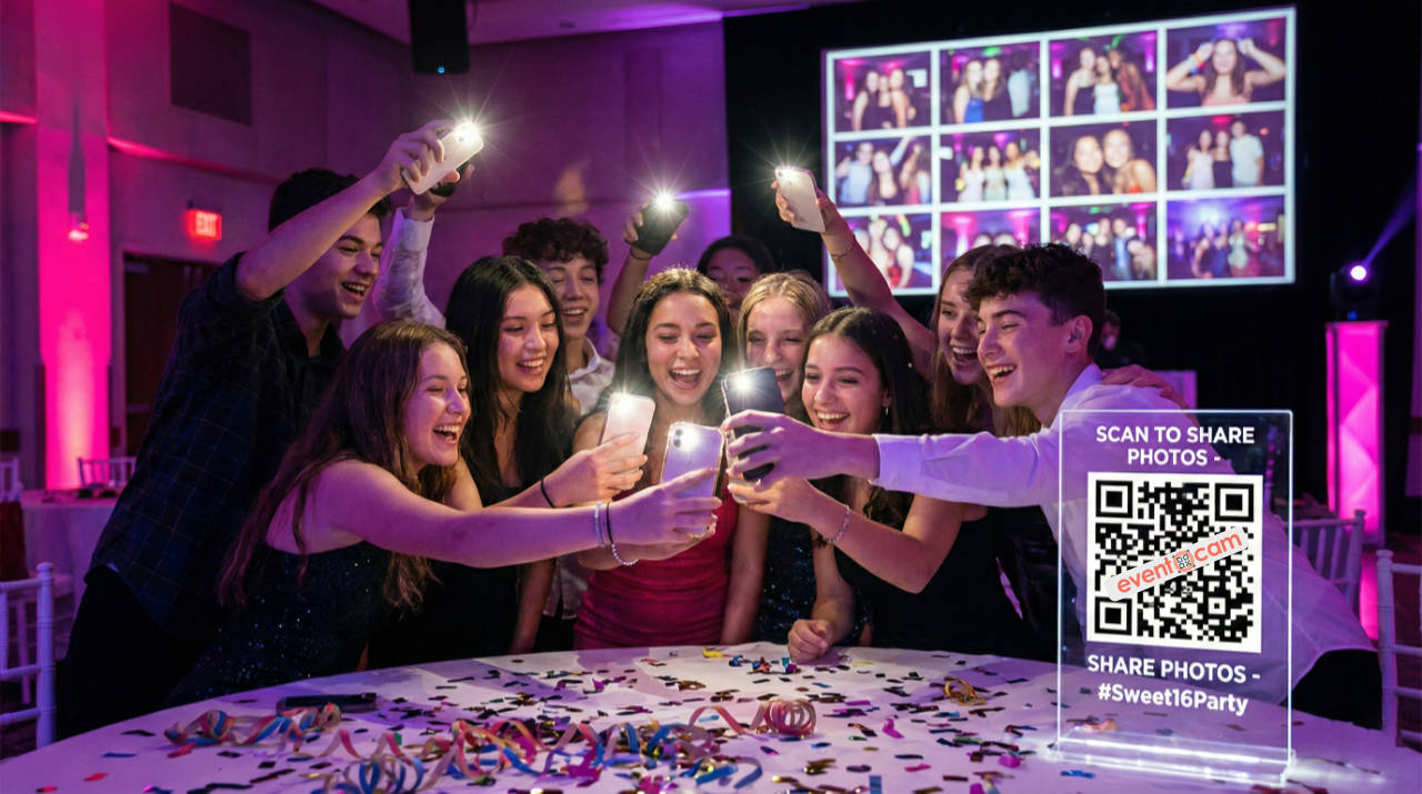 A group of Gen Z friends at a Sweet 16 party scanning a QR code on a table to upload photos to a private Eventocam digital gallery.