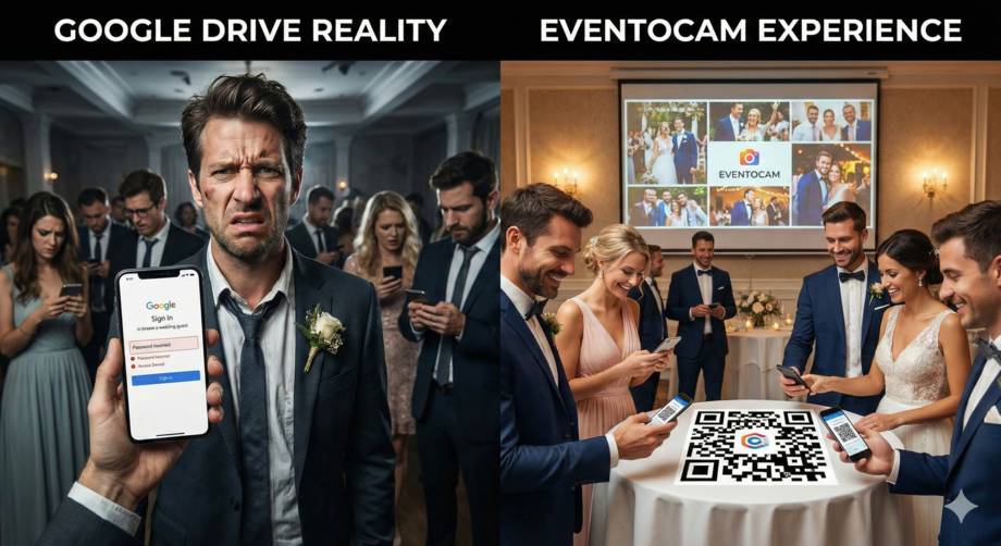 A split-screen photograph comparing wedding photo-sharing experiences. On the left, a frustrated guest trying to access a shared Google Drive folder with login problems. On the right, happy wedding guests scanning an EventoCam QR code and seeing their photos projected instantly.