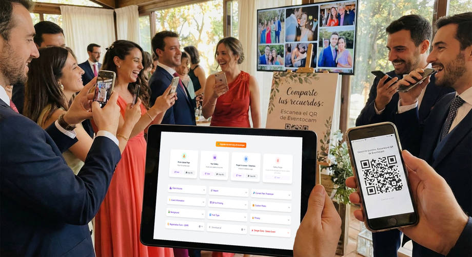 invitados de boda usando qr de eventocam para compartir fotos en galería digital.
