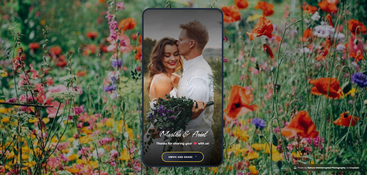 Eventocam dashboard with Unsplash integration showing professional floral backgrounds for event galleries
