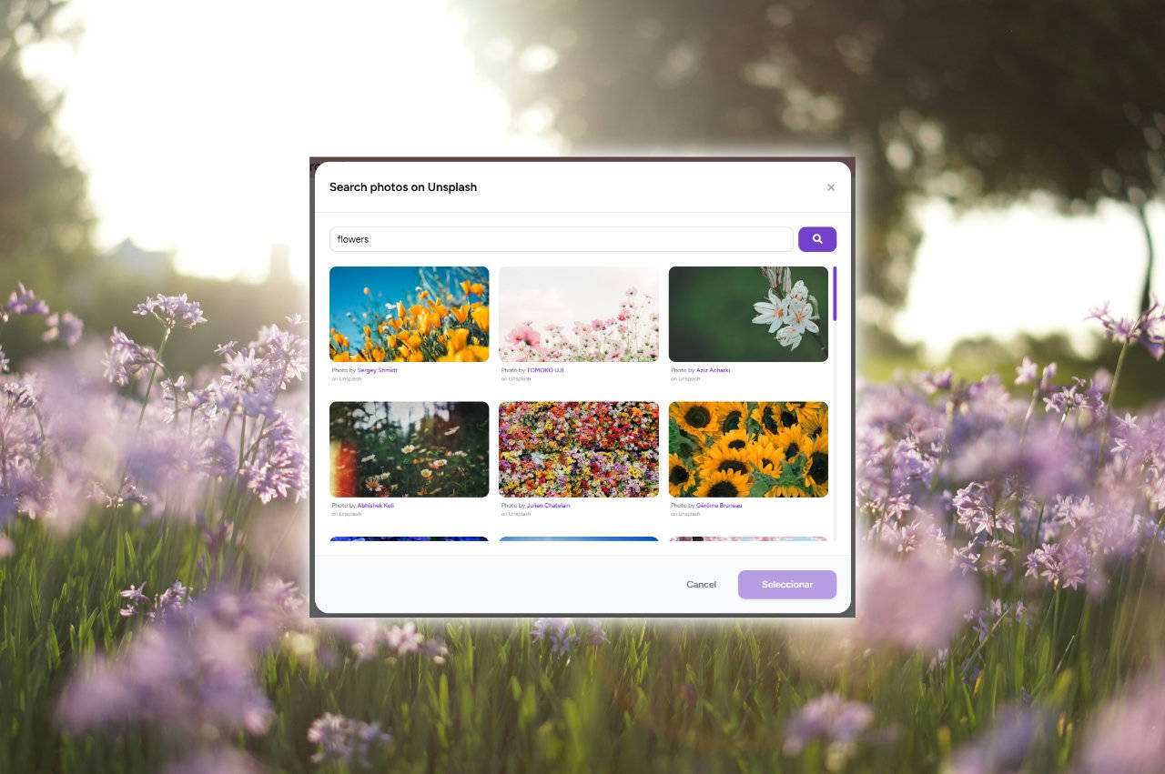 Unsplash search tool inside Eventocam for selecting professional flower backgrounds for digital event galleries
