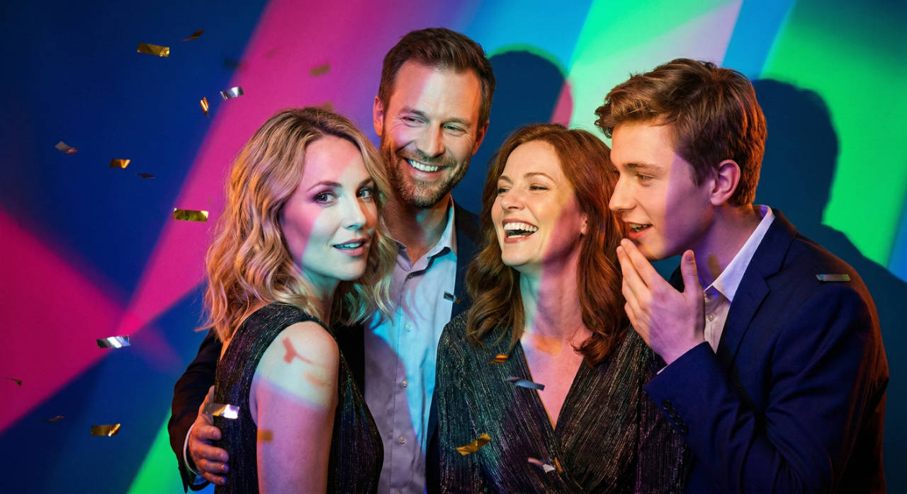 Group of people enjoying a party and sharing photos with a QR code