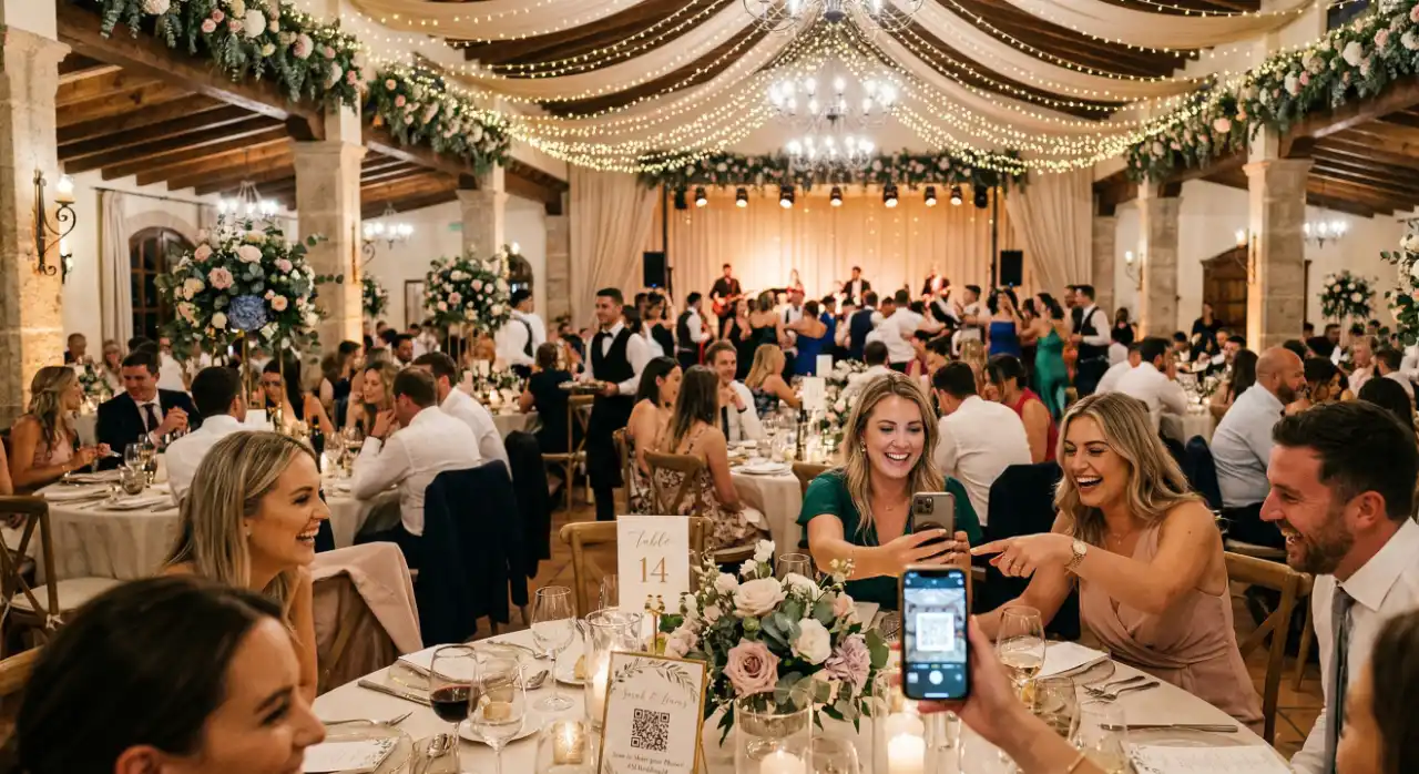 Elegant wedding with guests using QR codes to share photos.