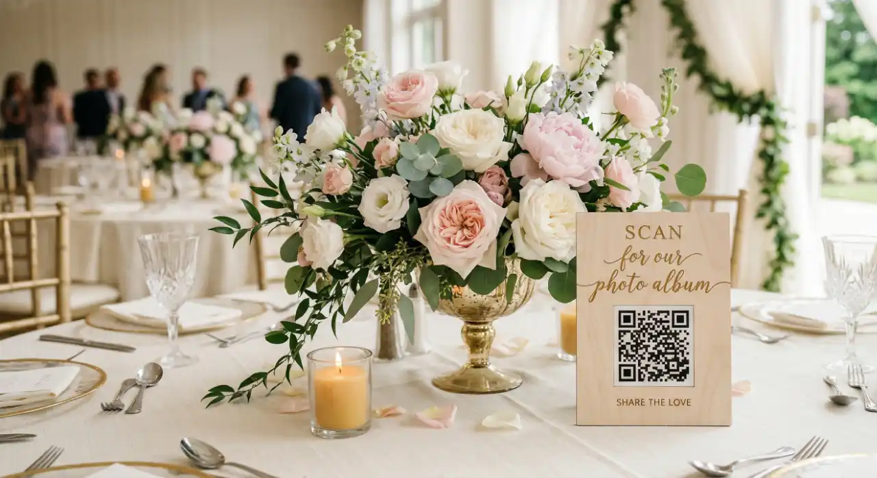 Wedding centerpiece with a QR code for sharing guest photos.