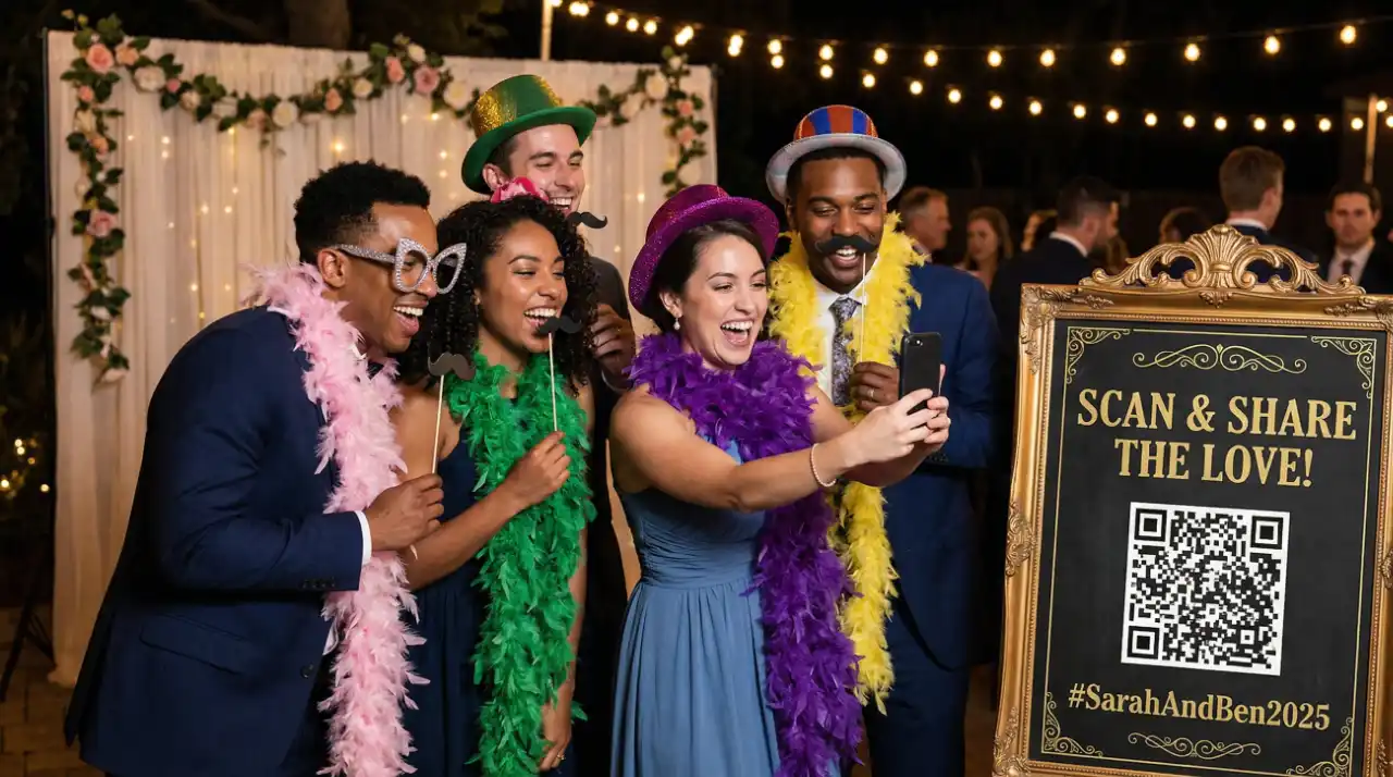 Guests scanning a QR code to upload wedding photos at the photo booth.