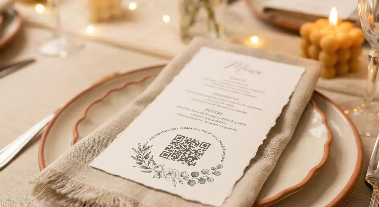 Wedding menu card with a QR code for a collaborative album.