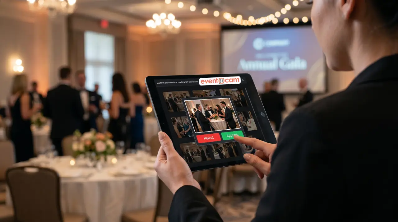 Close-up view of an event organizer using a tablet to moderate content in real time, pressing the approve button on a photo with a blurred auditorium in the background