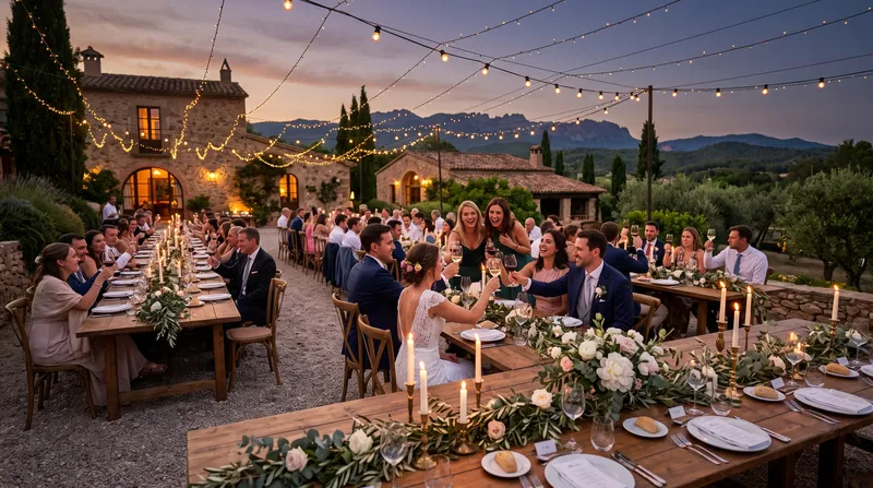 Outdoor wedding reception at sunset in a rustic country estate with warm festoon lights and festive atmosphere.