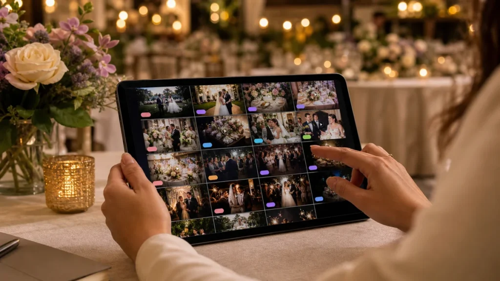 organizadora de eventos clasificando fotografías y vídeos de una boda mediante categorías visuales en una tablet